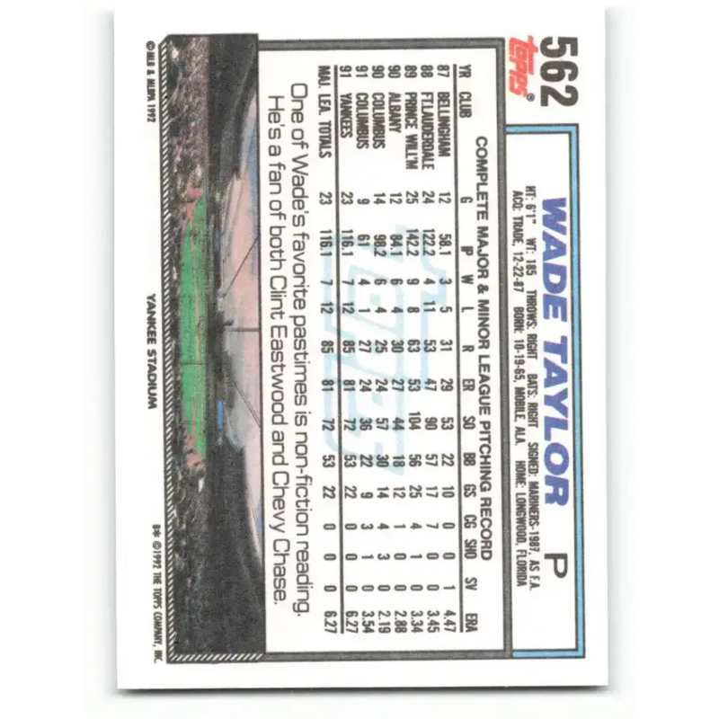 1992 Topps #562 Wade Taylor NM-MT New York Yankees Baseball Card - Baseball Card Single