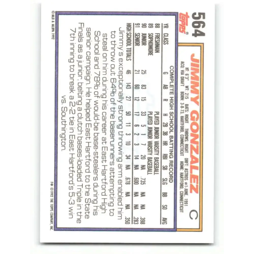 1992 Topps #564 Jimmy Gonzalez NM-MT RC Rookie Houston Astros Baseball Card - Baseball Card Single