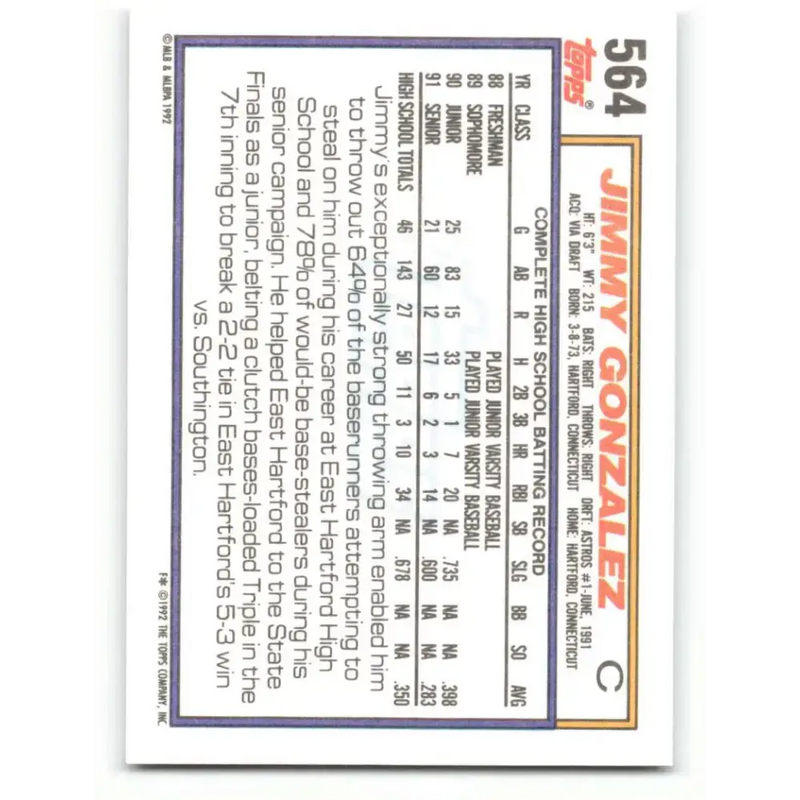 1992 Topps #564 Jimmy Gonzalez NM-MT RC Rookie Houston Astros Baseball Card - Baseball Card Single