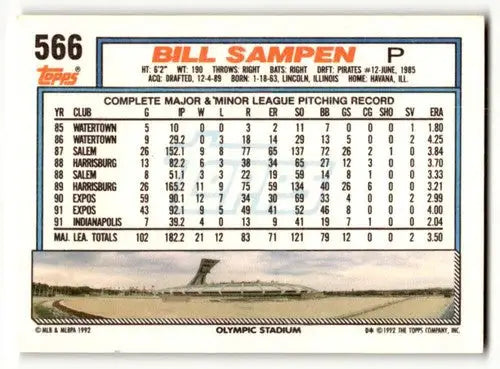 1992 Topps #566 Bill Sampen Montreal Expos Baseball Cards EX/NM ID:55832 - Baseball Card Single