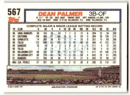Original gloss Dean Palmer baseball card from 1992 Topps Simply Sandoval collection