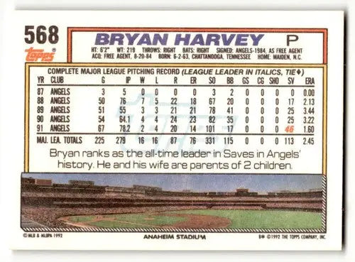 1992 Topps #568 Bryan Harvey California Angels Baseball Cards EX/NM ID:55826 - Baseball Card Single