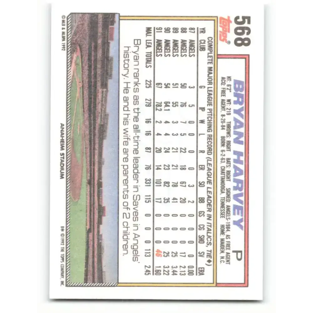 1992 Topps #568 Bryan Harvey NM-MT California Angels Baseball Card - Baseball Card Single