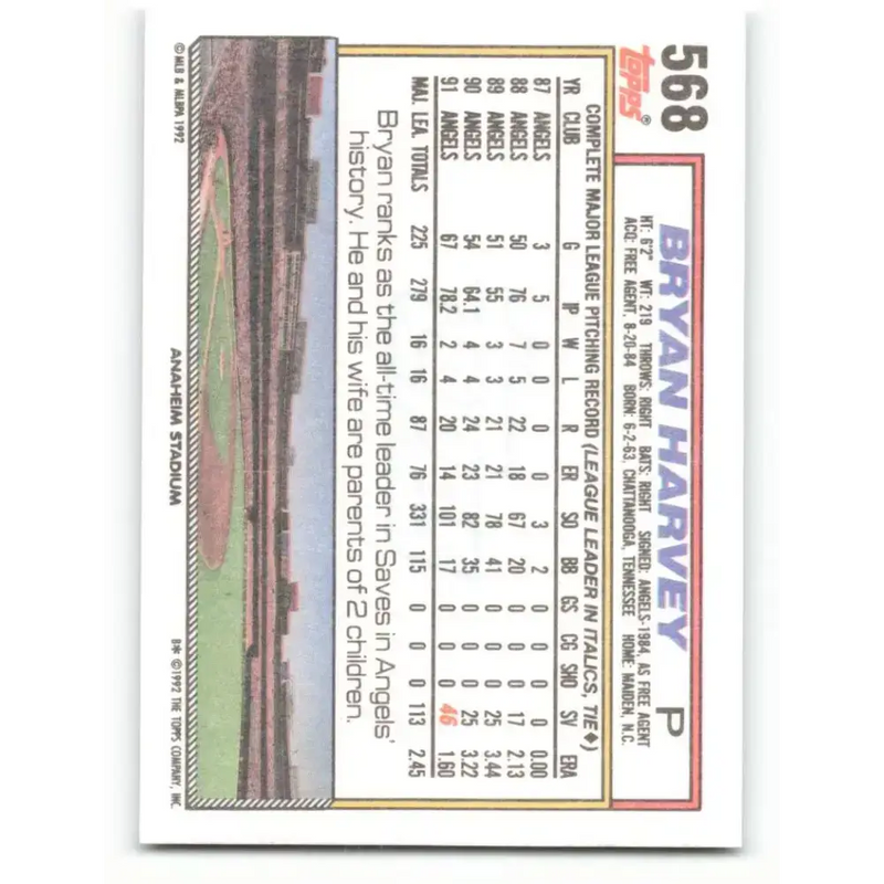 1992 Topps #568 Bryan Harvey NM-MT California Angels Baseball Card - Baseball Card Single