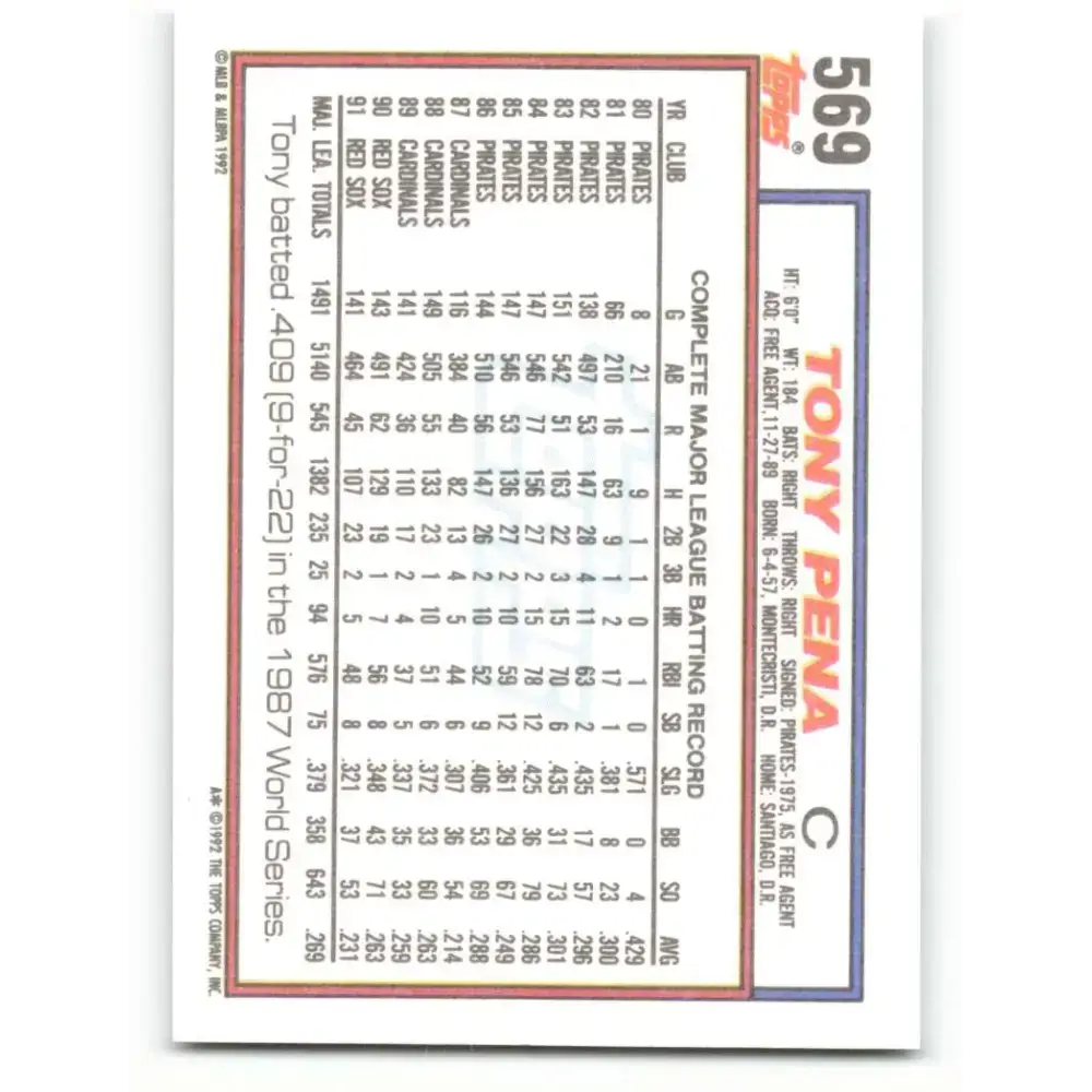 1992 Topps #569 Tony Pena NM-MT Boston Red Sox Baseball Card - Baseball Card Single