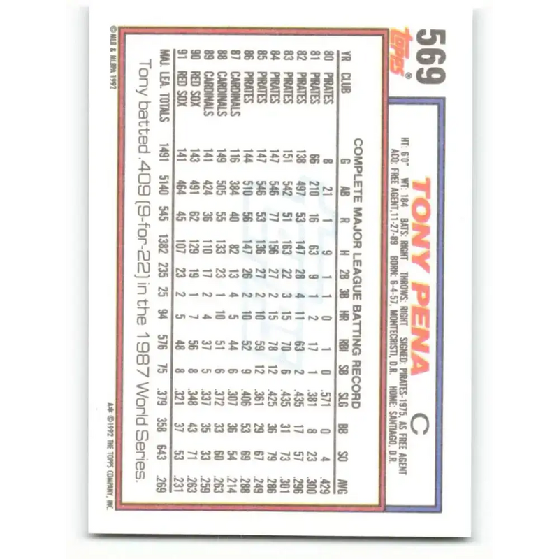1992 Topps #569 Tony Pena NM-MT Boston Red Sox Baseball Card - Baseball Card Single