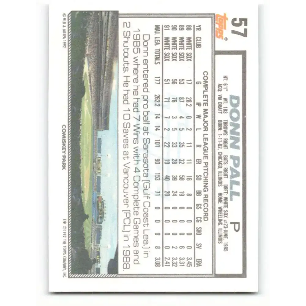1992 Topps #57 Donn Pall EX Excellent Chicago White Sox Baseball Card - Baseball Card
