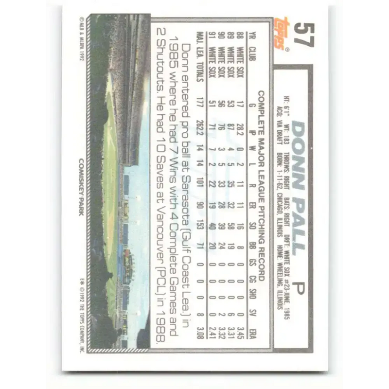 1992 Topps #57 Donn Pall NM-MT Chicago White Sox Baseball Card