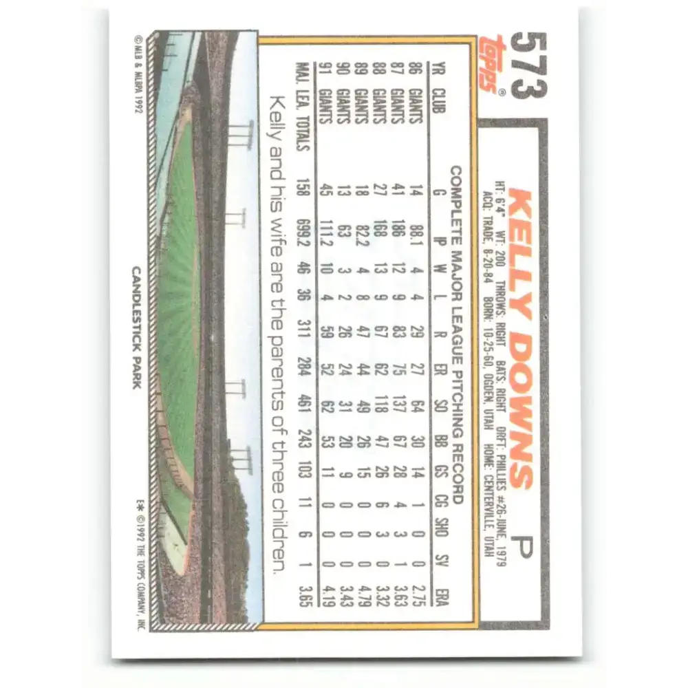 1992 Topps #573 Kelly Downs NM-MT San Francisco Giants Baseball Card - Baseball Card Single