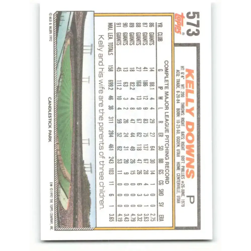 1992 Topps #573 Kelly Downs NM-MT San Francisco Giants Baseball Card - Baseball Card Single