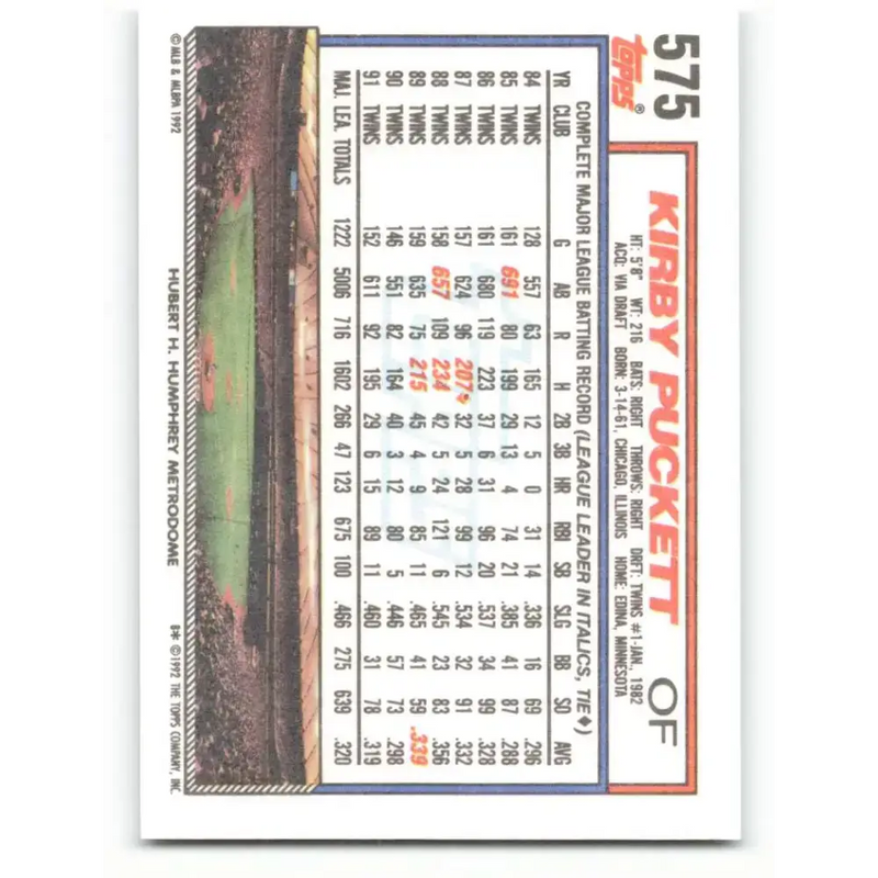 1992 Topps #575 Kirby Puckett NM-MT Minnesota Twins Baseball Card - Baseball Card Single