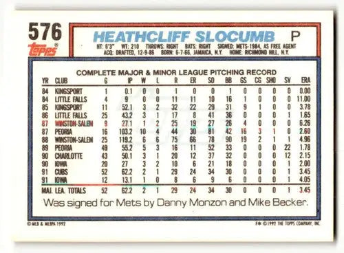 1992 Topps #576 Heathcliff Slocumb Chicago Cubs Baseball Cards EX/NM ID:61134 - Baseball Card Single