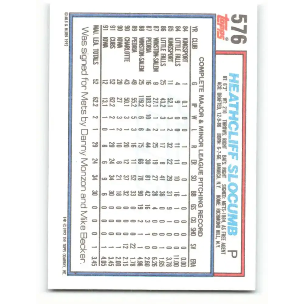1992 Topps #576 Heathcliff Slocumb NM-MT Chicago Cubs Baseball Card - Baseball Card Single