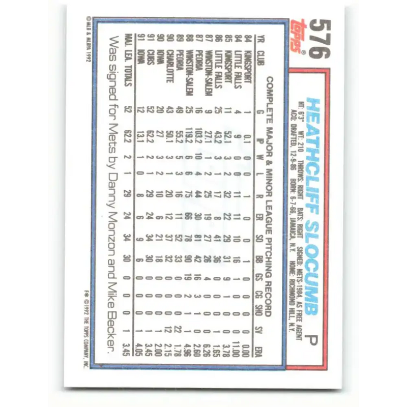 1992 Topps #576 Heathcliff Slocumb NM-MT Chicago Cubs Baseball Card - Baseball Card Single