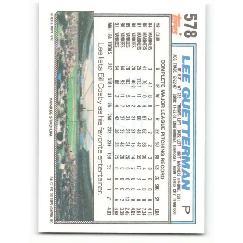 1992 Topps #578 Lee Guetterman EX Excellent New York Yankees Baseball Card - Baseball Card Single