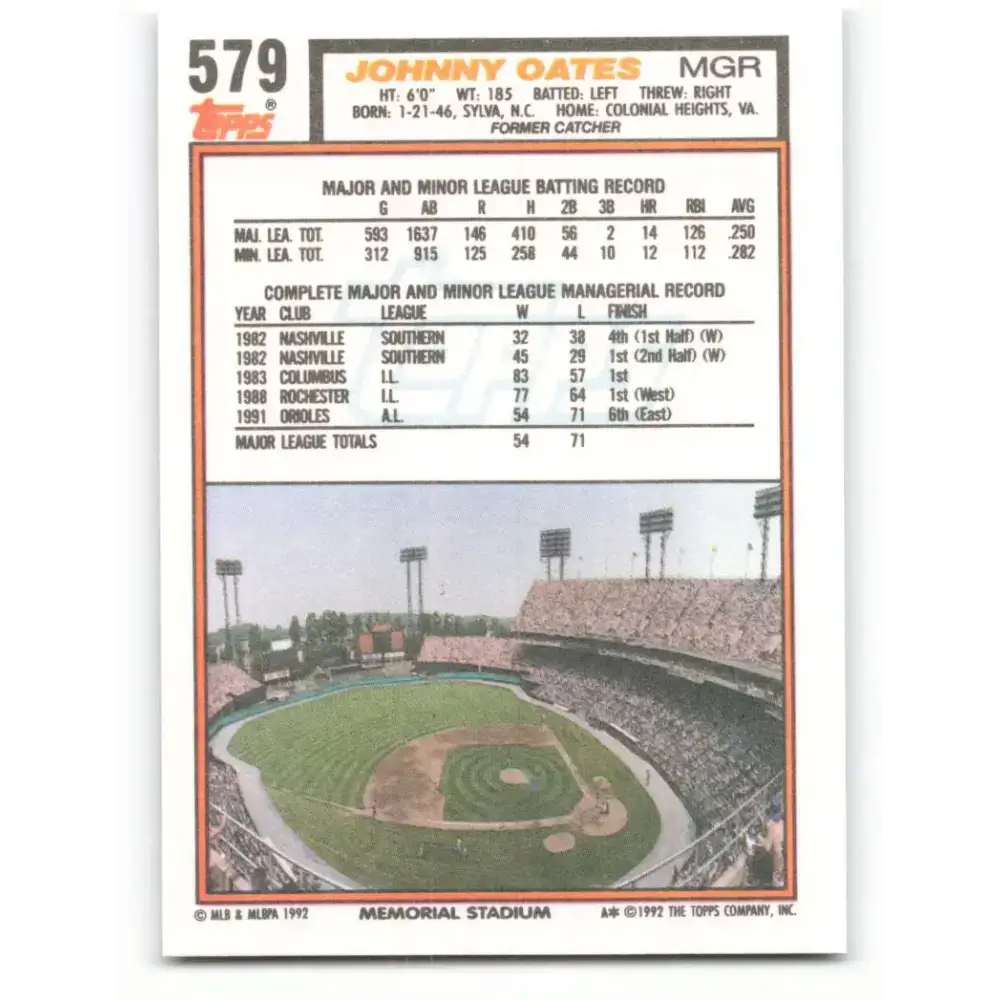 1992 Topps #579 Johnny Oates NM-MT Baltimore Orioles Baseball Card