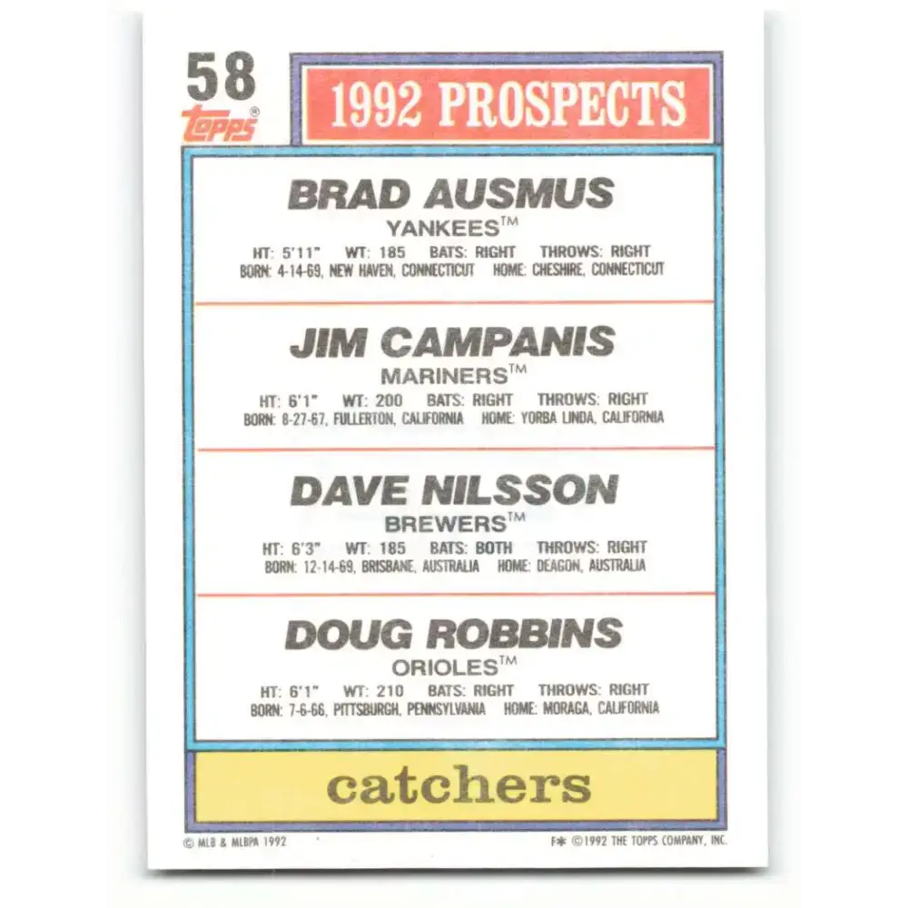 1992 Topps #58 Brad Ausmus/Jim Campanis/Dave Nilsson/Doug Robbins NM-MT RC Rookie New York Yankees/Seattle
