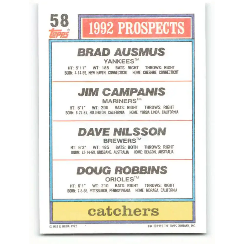 1992 Topps #58 Brad Ausmus/Jim Campanis/Dave Nilsson/Doug Robbins NM-MT RC Rookie New York Yankees/Seattle