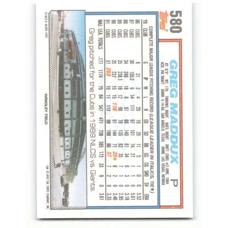 1992 Topps #580 Greg Maddux NM-MT Chicago Cubs Baseball Card - Baseball Card Single