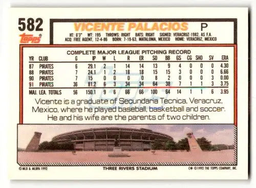 1992 Topps #582 Vicente Palacios Pittsburgh Pirates Baseball Cards E ID:61140 - Baseball Card Single