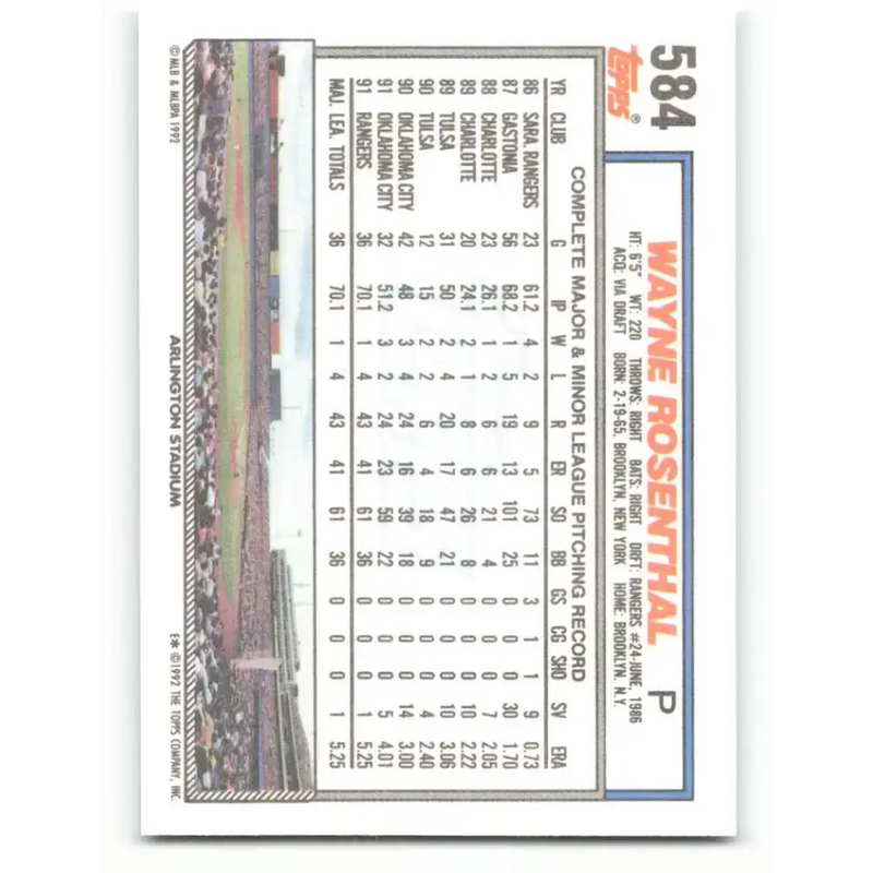 1992 Topps #584 Wayne Rosenthal EX Excellent RC Rookie Texas Rangers Baseball Card - Baseball Card Single