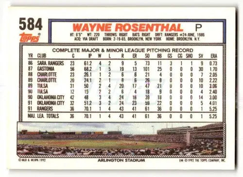 1992 Topps #584 Wayne Rosenthal Texas Rangers Baseball Cards EX/NM ID:61165 - Baseball Card Single