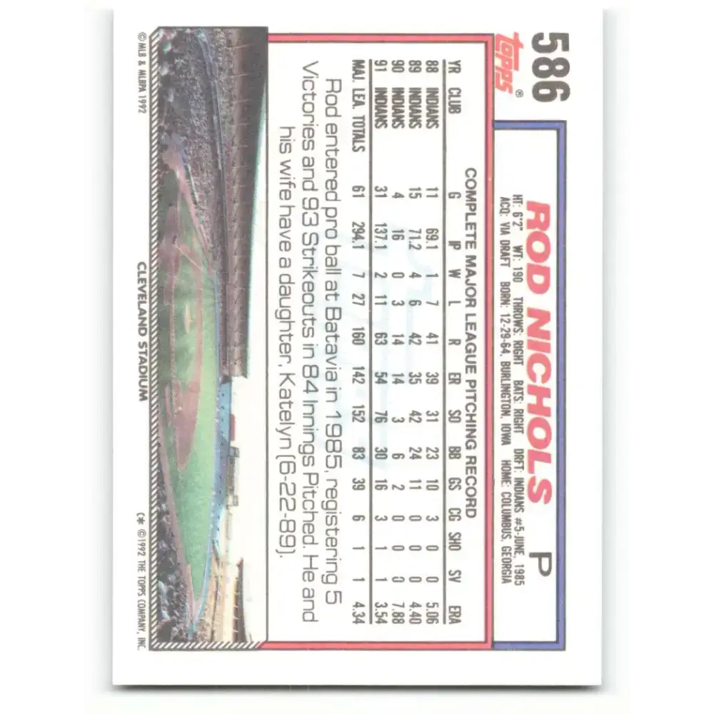 1992 Topps #586 Rod Nichols EX Excellent Cleveland Indians Baseball Card - Baseball Card