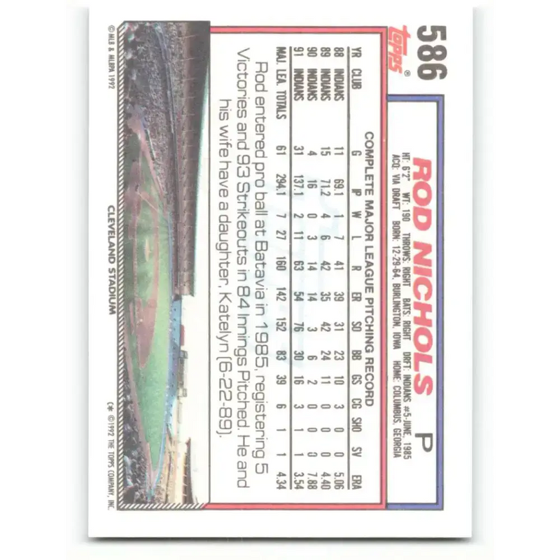 1992 Topps #586 Rod Nichols EX Excellent Cleveland Indians Baseball Card - Baseball Card Single
