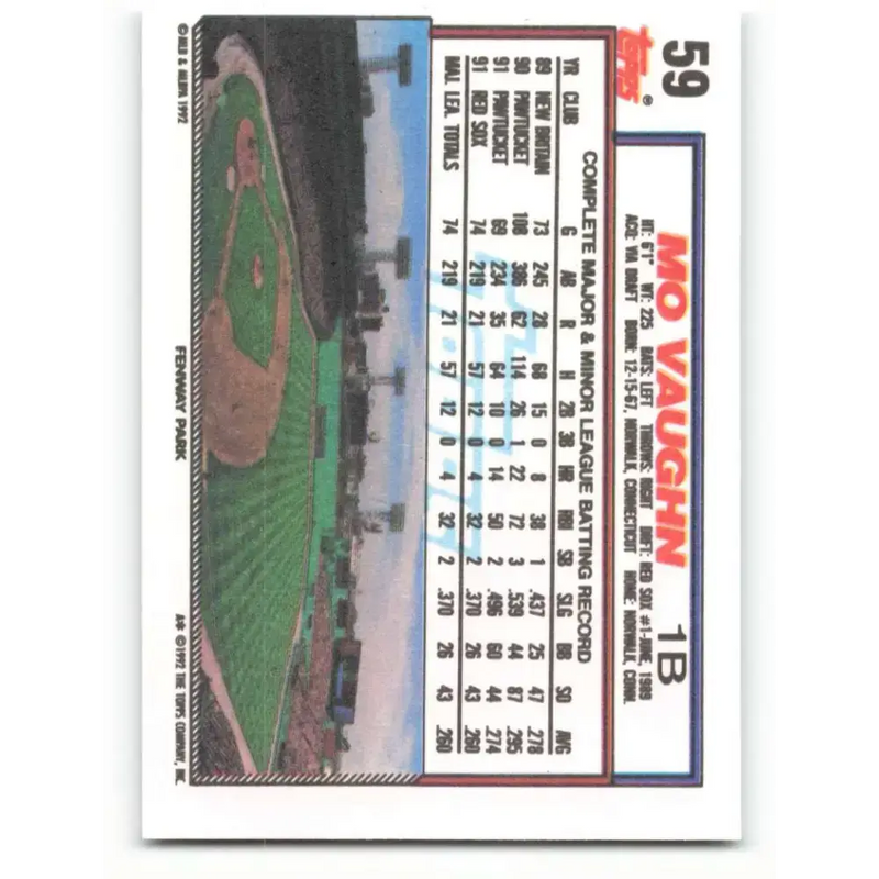 1992 Topps #59 Mo Vaughn NM-MT Boston Red Sox Baseball Card - Baseball Card Single
