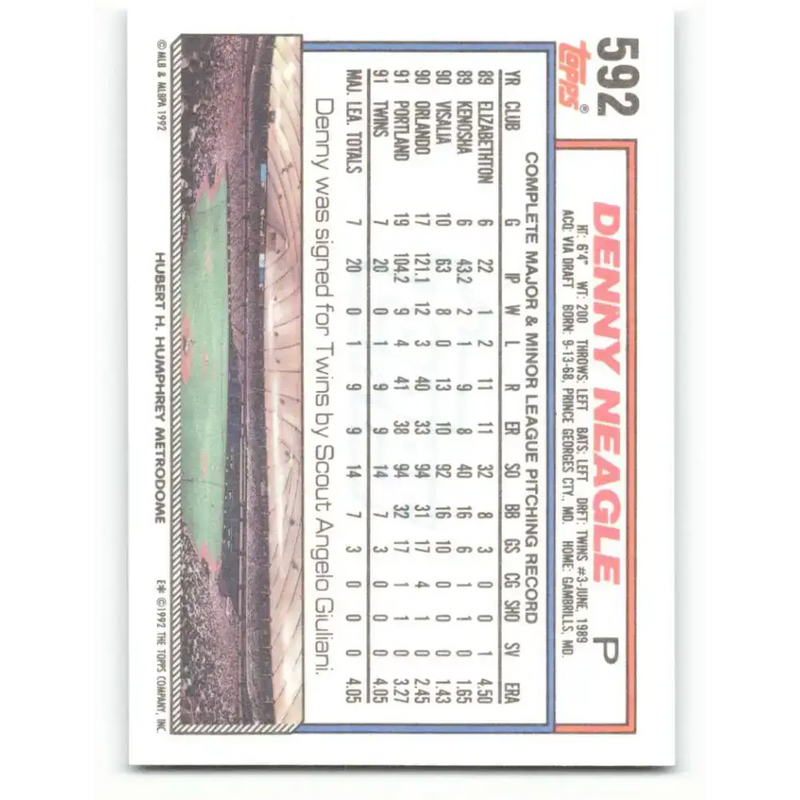 1992 Topps #592 Denny Neagle NM-MT Minnesota Twins Baseball Card - Baseball Card Single