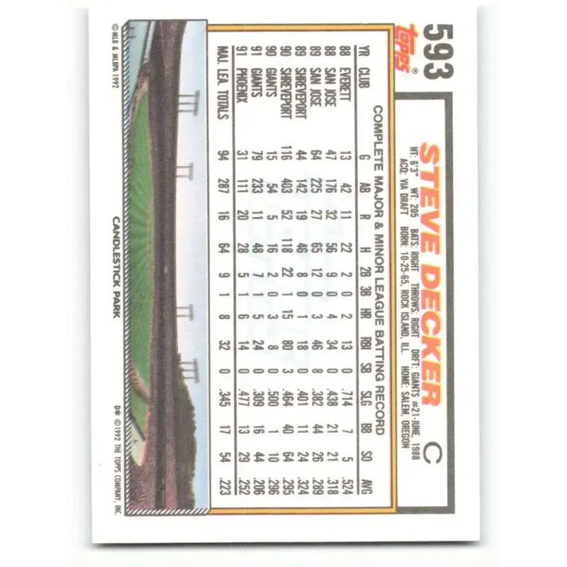 1992 Topps #593 Steve Decker NM-MT San Francisco Giants Baseball Card - Baseball Card Single