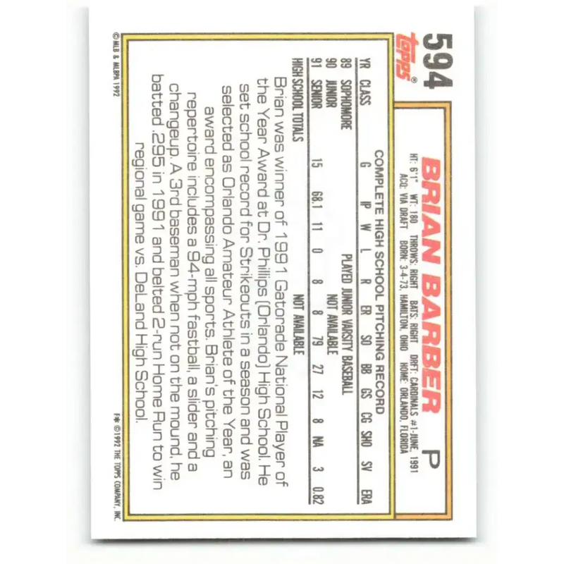 1992 Topps #594 Brian Barber NM-MT RC Rookie St. Louis Cardinals Baseball Card - Baseball Card Single