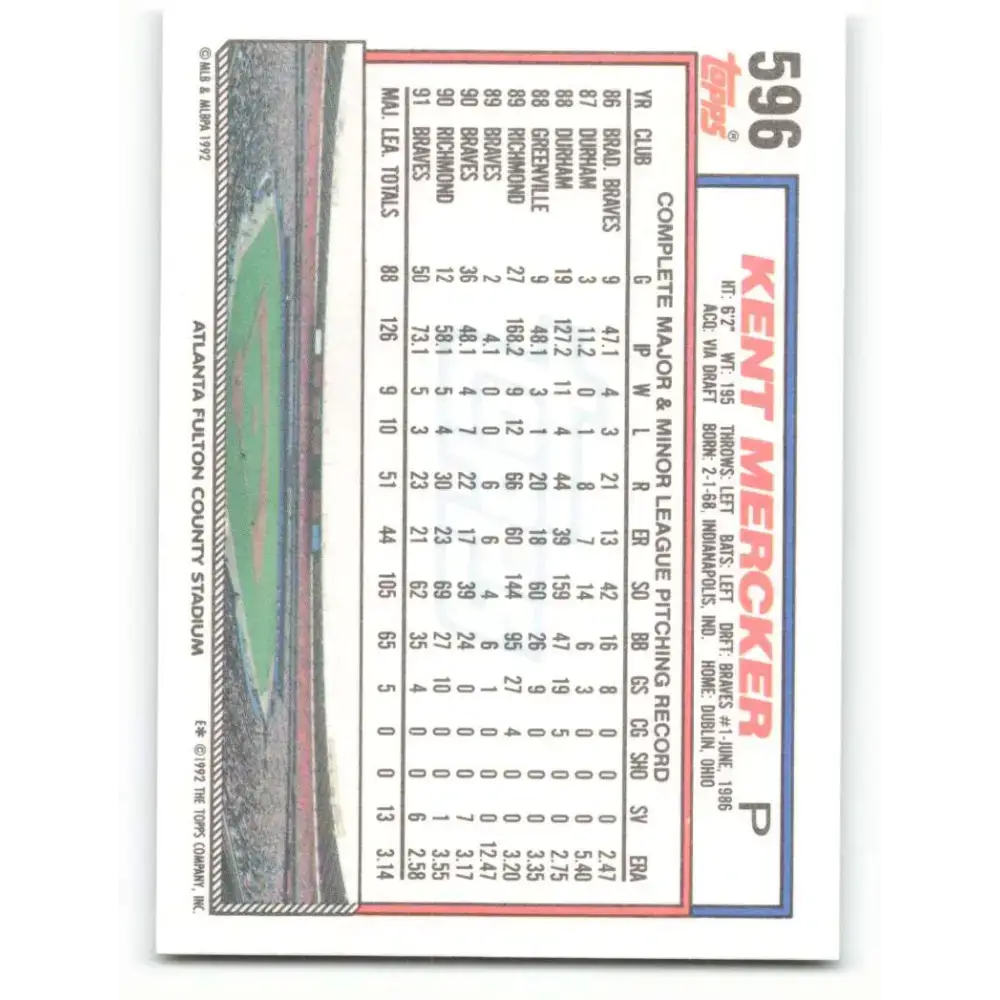 1992 Topps #596 Kent Mercker NM-MT Atlanta Braves Baseball Card - Baseball Card Single