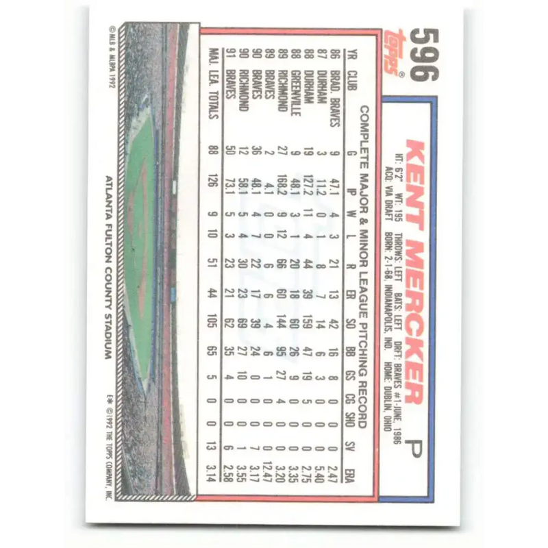 1992 Topps #596 Kent Mercker NM-MT Atlanta Braves Baseball Card - Baseball Card Single
