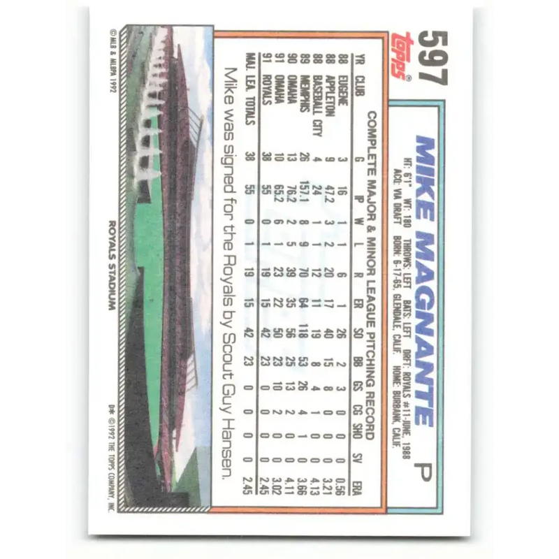 1992 Topps #597 Mike Magnante NM-MT RC Rookie Kansas City Royals Baseball Card