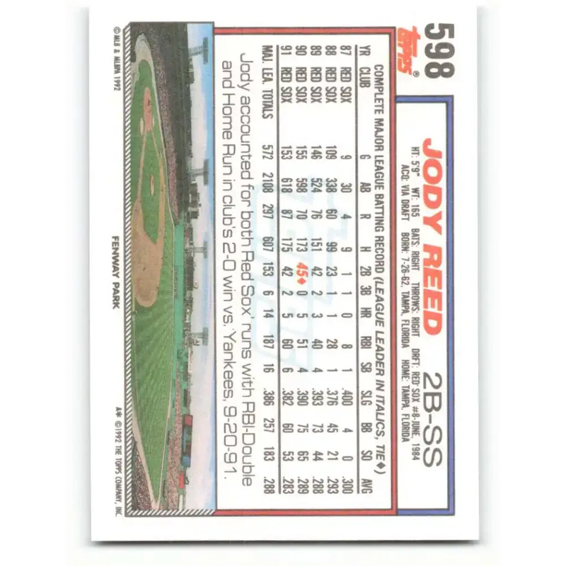 1992 Topps #598 Jody Reed NM-MT Boston Red Sox Baseball Card - Baseball Card Single