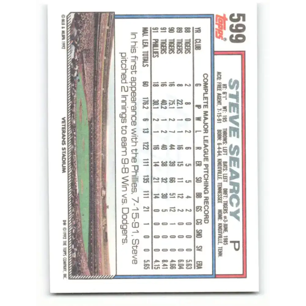 1992 Topps #599 Steve Searcy NM-MT Philadelphia Phillies Baseball Card - Baseball Card Single