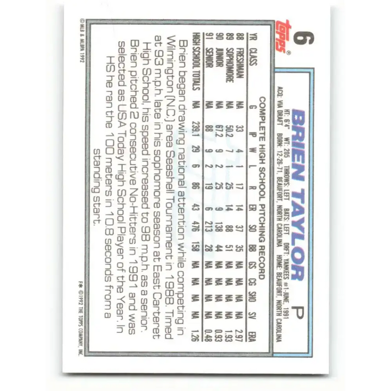 1992 Topps #6 Brien Taylor NM-MT RC Rookie New York Yankees Baseball Card - Baseball Card Single