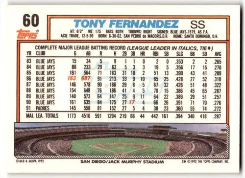 Original gloss Tony Fernandez baseball card 1992 Topps NM-MT Padres ID 43518