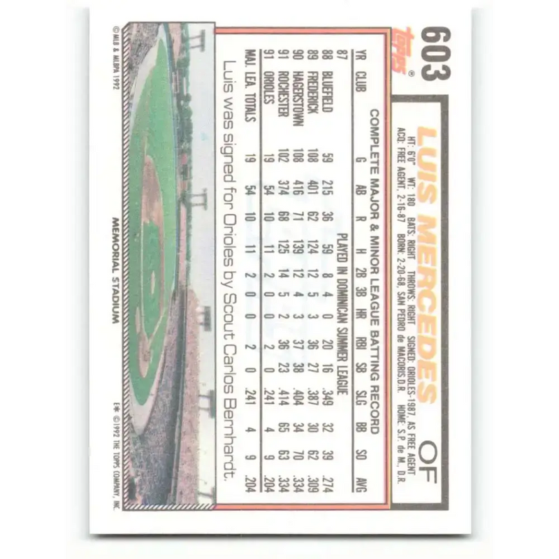 1992 Topps #603 Luis Mercedes NM-MT Baltimore Orioles Baseball Card - Baseball Card Single