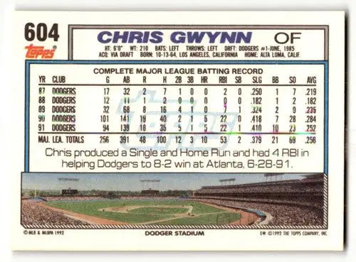 1992 Topps #604 Chris Gwynn Los Angeles Dodgers Baseball Cards EX/NM ID:61151 - Baseball Card Single