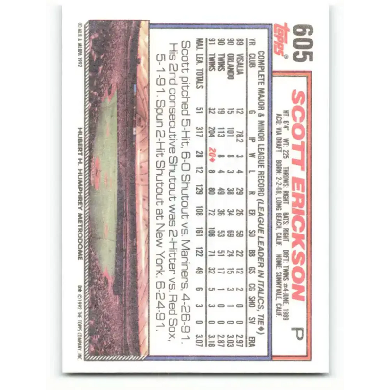 1992 Topps #605 Scott Erickson NM-MT Minnesota Twins Baseball Card - Baseball Card Single