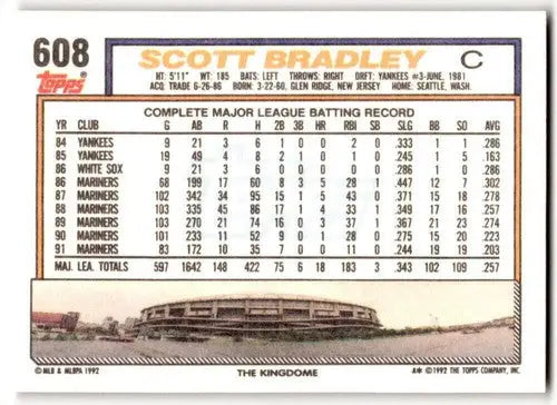 Baseball card back showcasing original gloss from 1992 Topps Scott Bradley Mariners sports cards