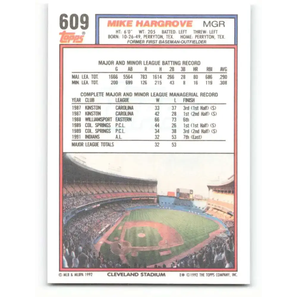 1992 Topps #609 Mike Hargrove NM-MT Cleveland Indians Baseball Card - Baseball Card Single