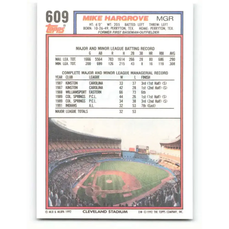 1992 Topps #609 Mike Hargrove NM-MT Cleveland Indians Baseball Card - Baseball Card Single