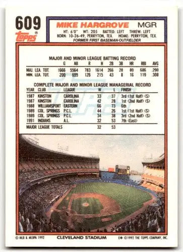 Baseball card back featuring original gloss of Mike Hargrove from 1992 Topps
