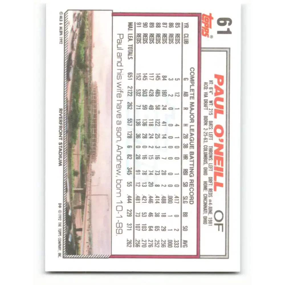 1992 Topps #61 Paul O’Neill EX Excellent Cincinnati Reds Baseball Card - Baseball Card