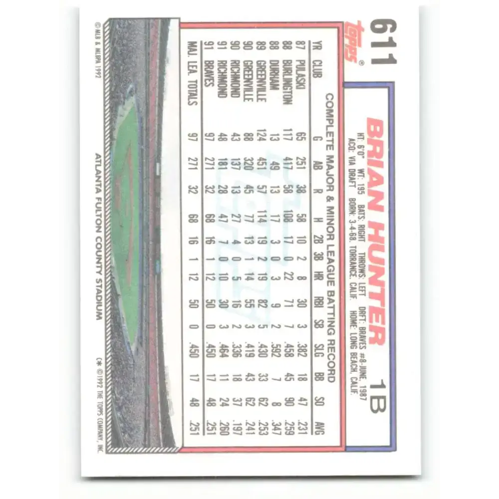 1992 Topps #611 Brian Hunter NM-MT Atlanta Braves Baseball Card - Baseball Card Single