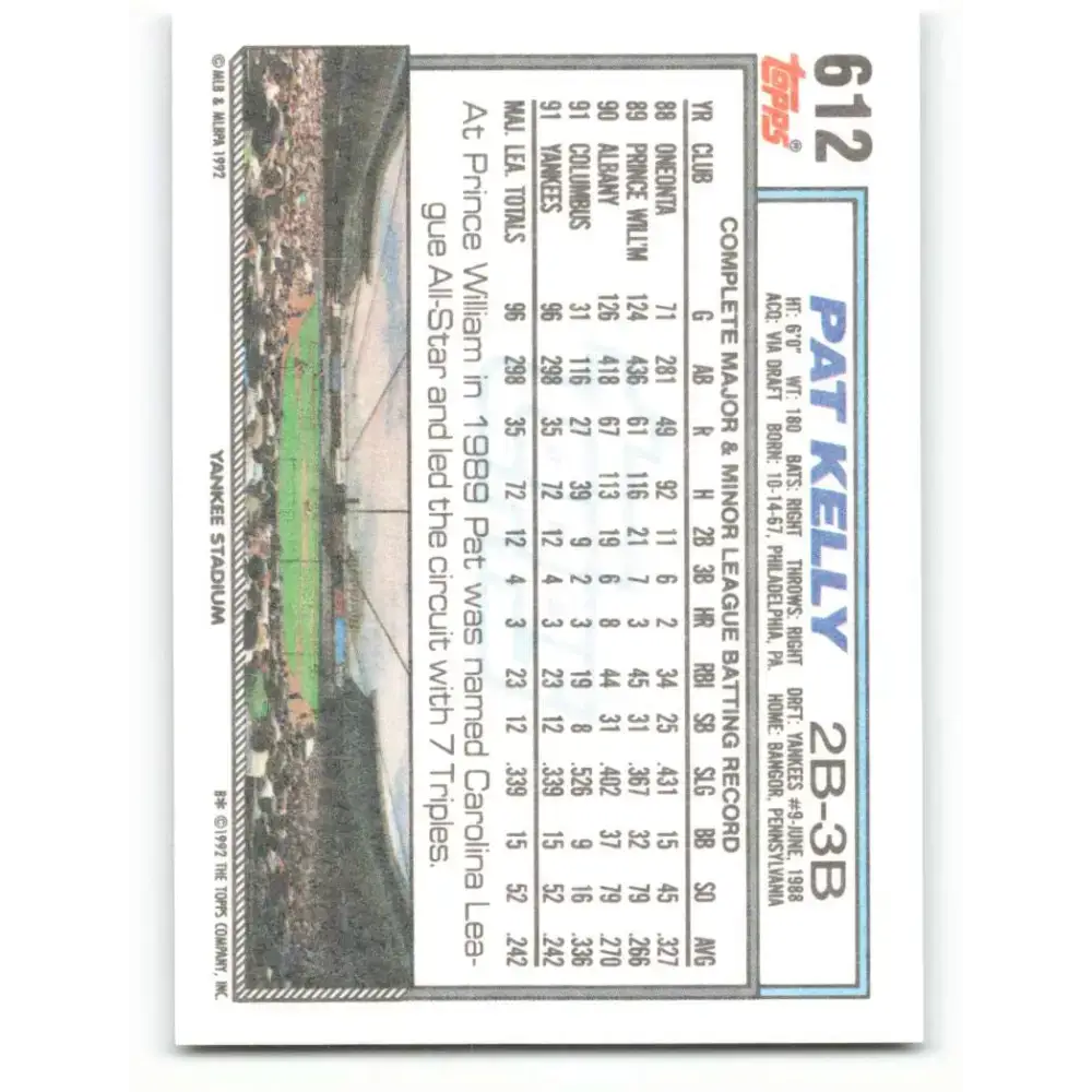 1992 Topps #612 Pat Kelly NM-MT New York Yankees Baseball Card