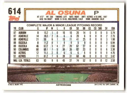 1992 Topps #614 Al Osuna NM-MT Astros ID:43487 - Baseball Card Single